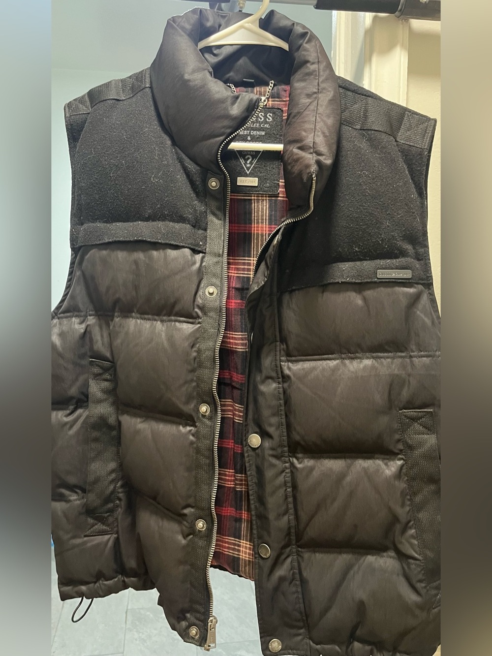 Guess Men's Black Quilted Down Puffer Vest with High Collar